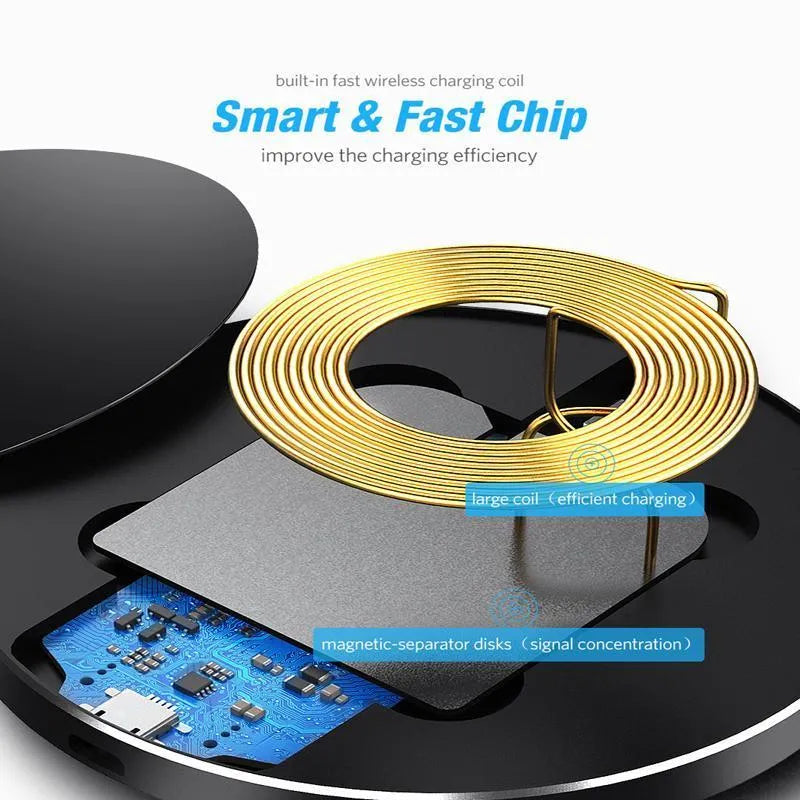 Black ultra-thin wireless charging pad measuring 98mm square with 9V fast charging capability