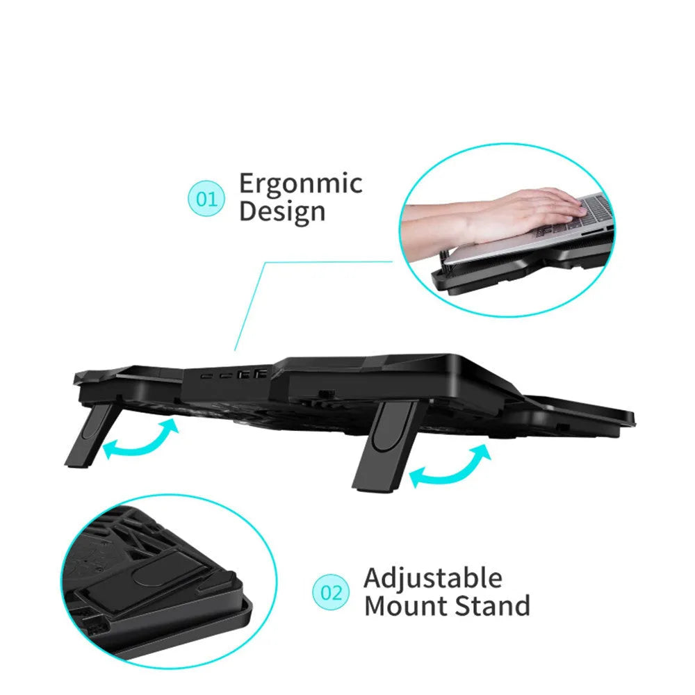 Blue laptop cooling base with four LED fans and two USB ports on front edge