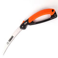 Folding garden saw with extended 230mm steel blade and black TPR grip, shown in open and closed positions.