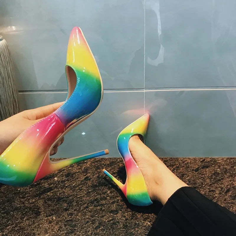 Rainbow patent leather super high heels with pointed toe and ultra-high thin heel in 10cm or 12cm height options