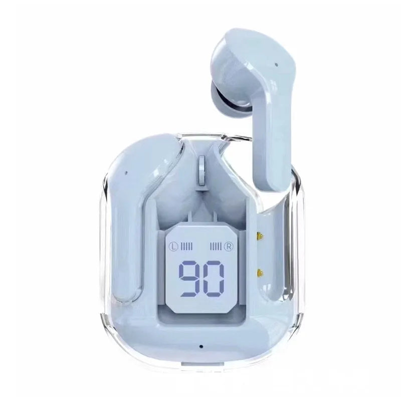 Transparent space capsule shaped case containing true wireless Bluetooth earphones in light blue colour.