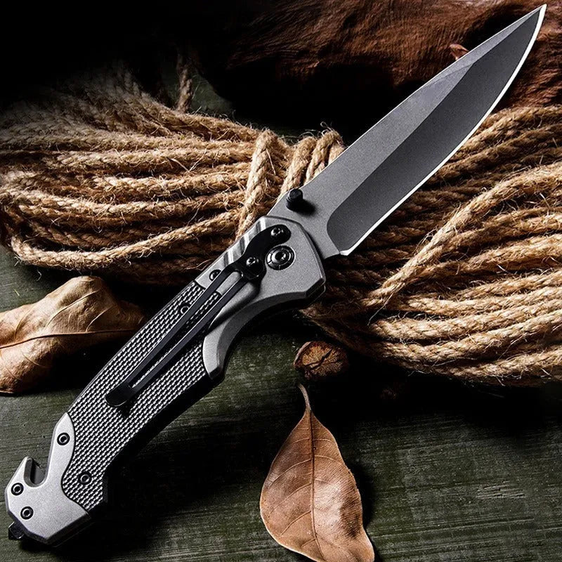 Alloy folding knife showing blade details and folded position with measurement indicators