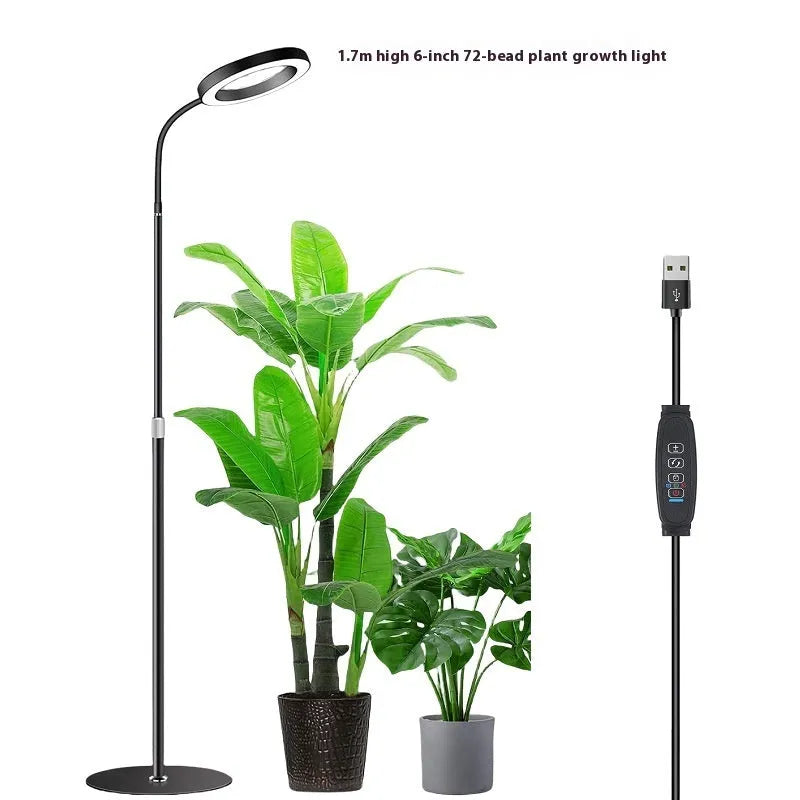 6-inch silver angel ring LED plant grow light on a retractable floor stand next to a houseplant.