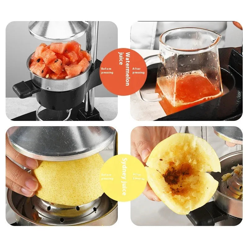 Black or white manual cast iron citrus juicer with stainless steel funnel on a kitchen counter.