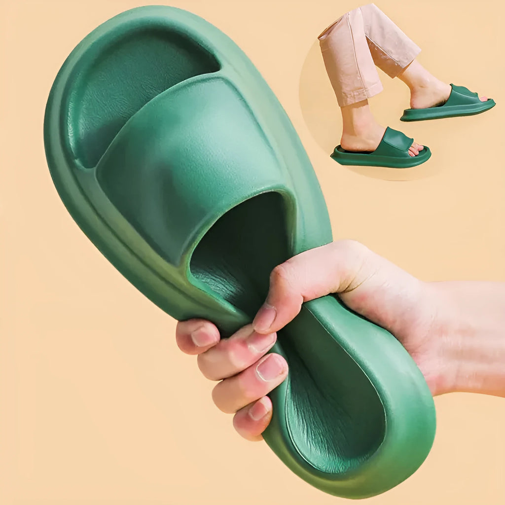 Thick sole EVA flip flop slippers in multiple colours on a white background.