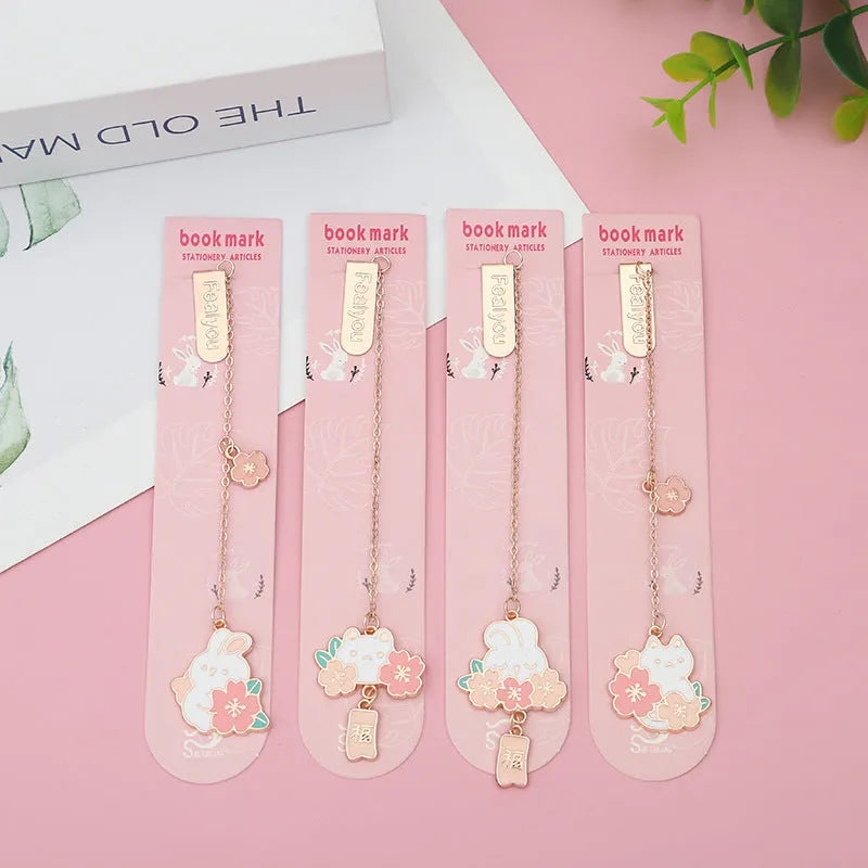 Metal pendant bookmark with cherry blossom cat and rabbit cartoon designs for books and journals