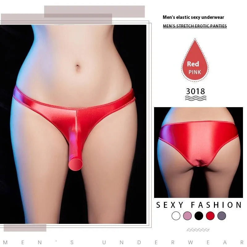 Men's shiny nylon low waist T-back underwear in black, shown from front and back.