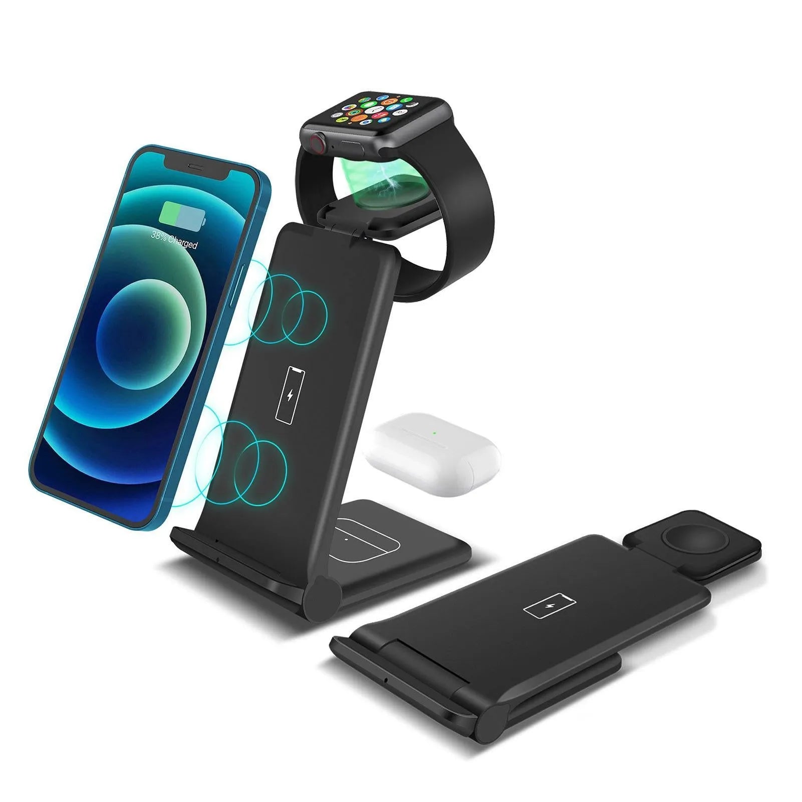 Black foldable 3-in-1 wireless charging station showing phone, Apple Watch and AirPods charging simultaneously.