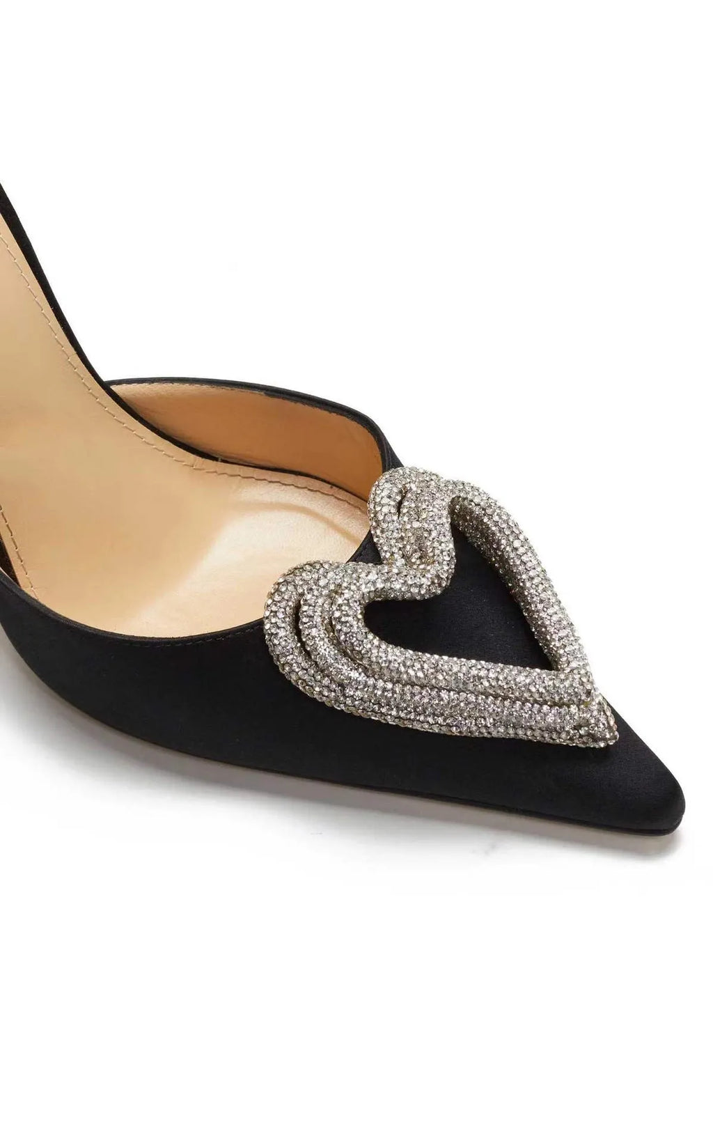 Women's pink satin sandals with pointed toe, heart-shaped rhinestone decoration, and ankle winding tape.
