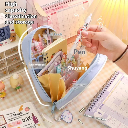 Transparent PVC pencil case with Korean cartoon pattern in vertical orientation