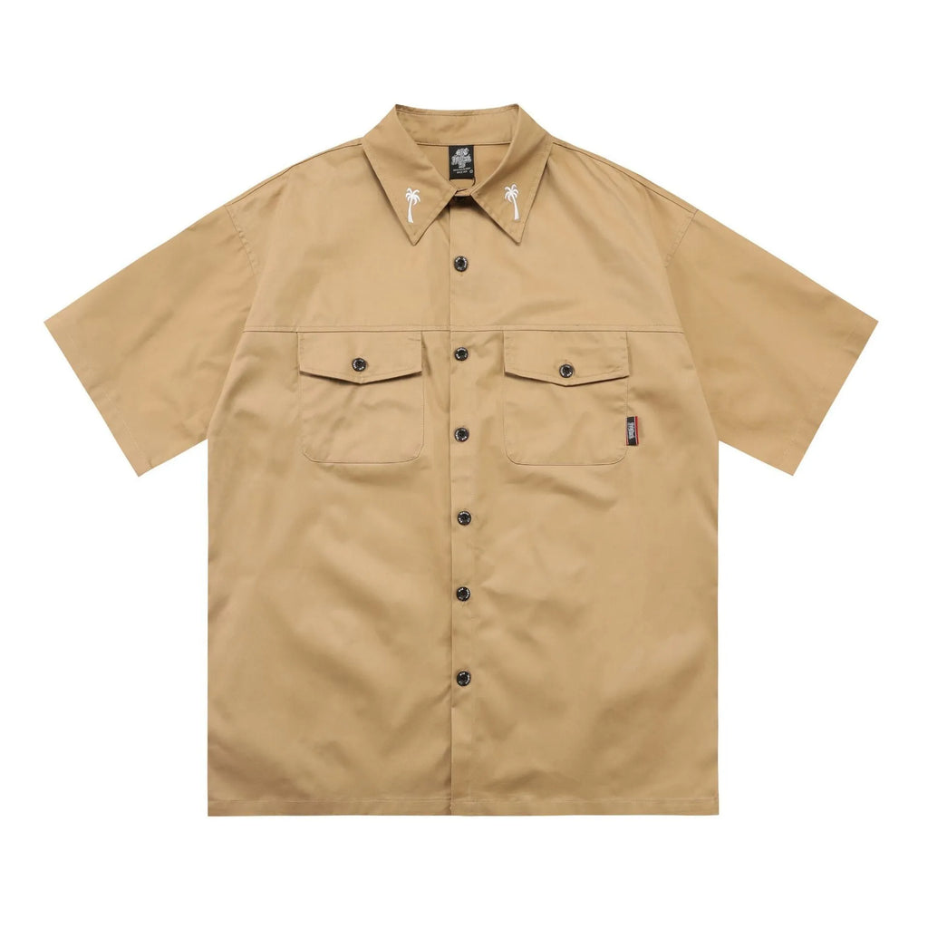 Men's black cotton blend half sleeve shirt with embroidered detail and front pockets in loose plus-size fit