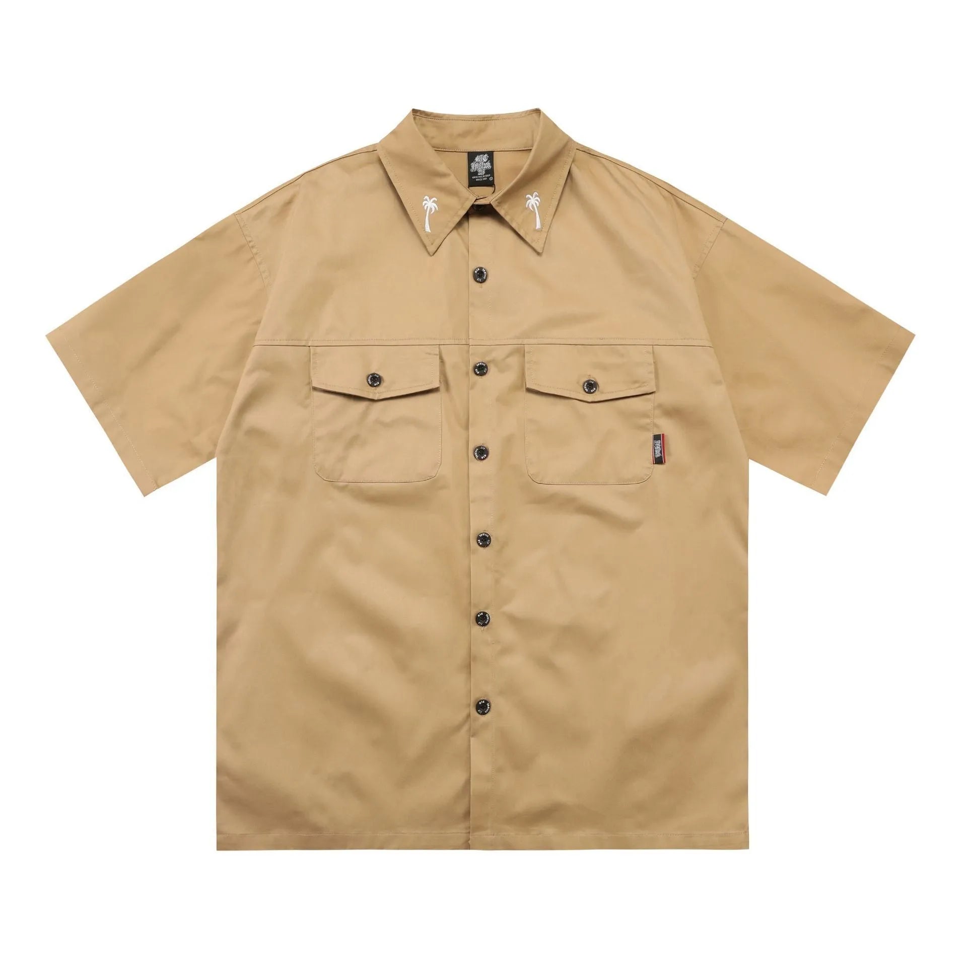 Men's black cotton blend half sleeve shirt with embroidered detail and front pockets in loose plus-size fit