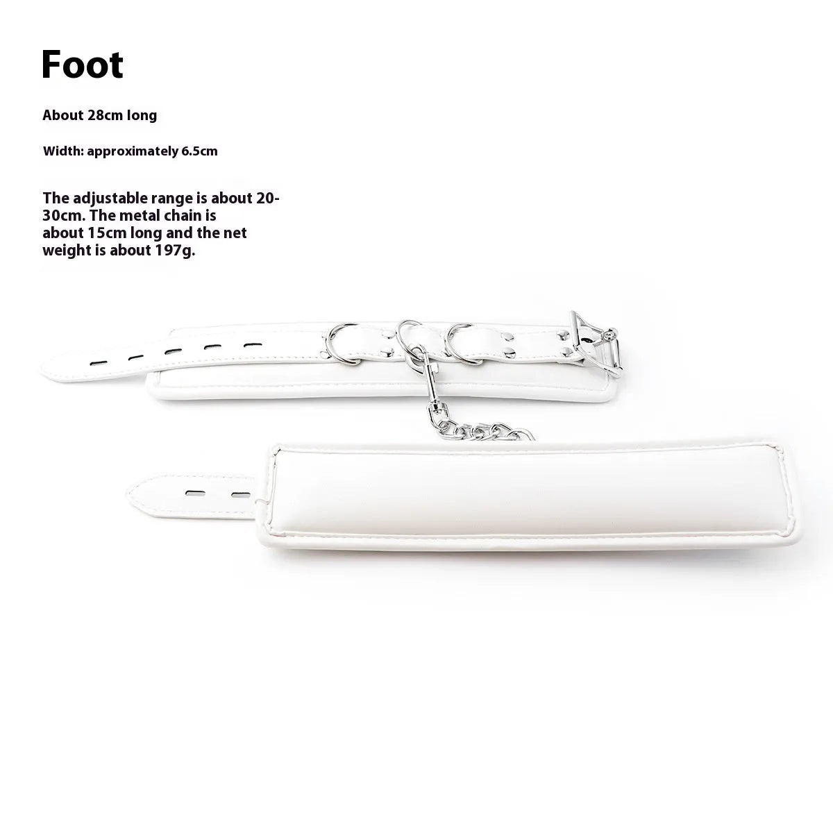 White PU sponge bondage restraint set showing handcuffs, foot cuffs and neck scarf for adjustable adult play