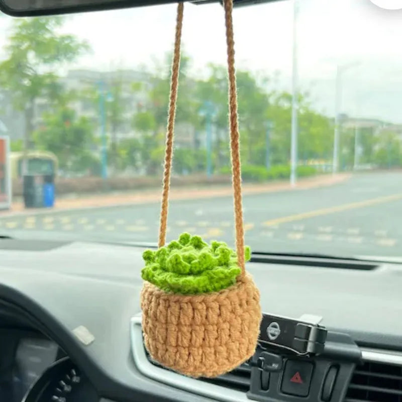 Green and white crochet car plant ornament with 25cm white hanging rope on 8cm basin base
