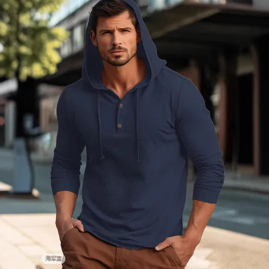 Men's dark blue cotton pullover hoodie with long sleeves on a mannequin