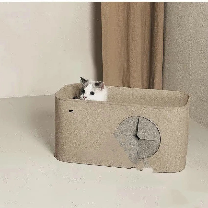 Grey foldable felt cat nest bed shown in its opened and folded positions