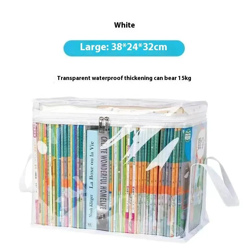 Large white foldable PVC storage bag with sealed top next to magazines.