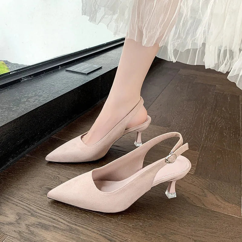 Women's pointed stiletto high heel shoes in suede, showing apricot, pink, blue, and yellow colour options.