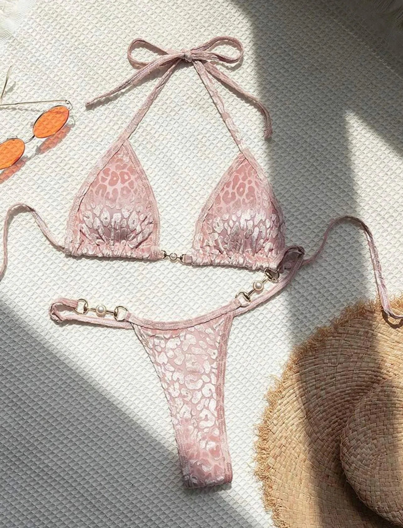 Women's blue leopard print T-shaped polyester bikini set for swimming
