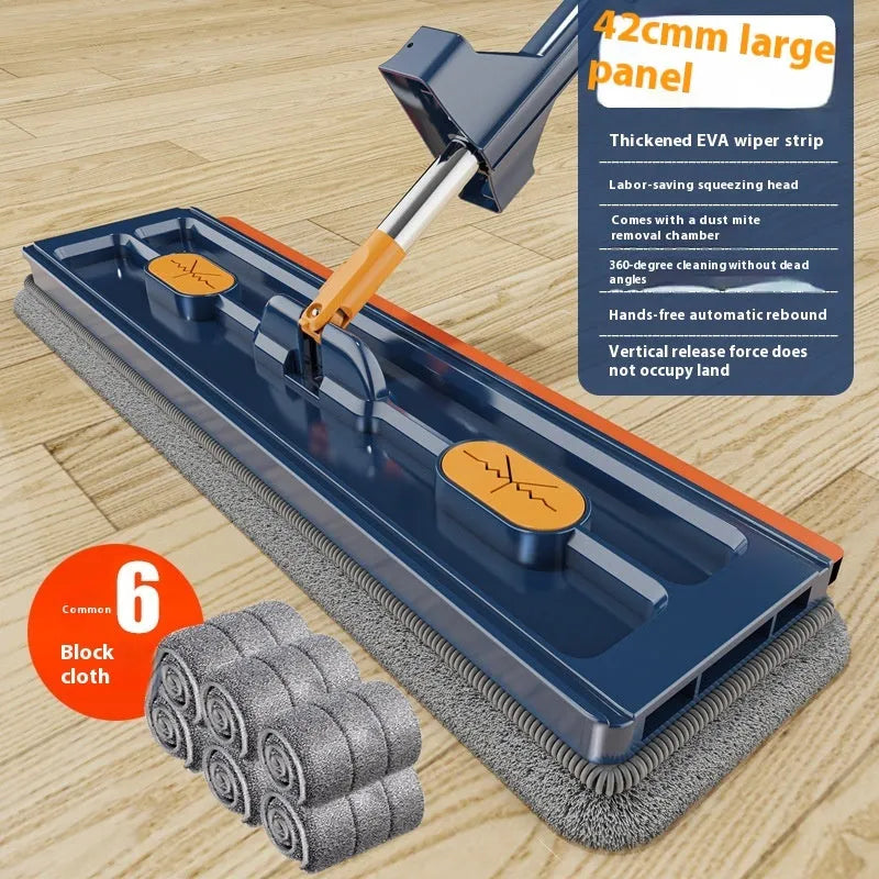 Large flat mop with stainless steel handle and 360 rotating head for hard floor cleaning