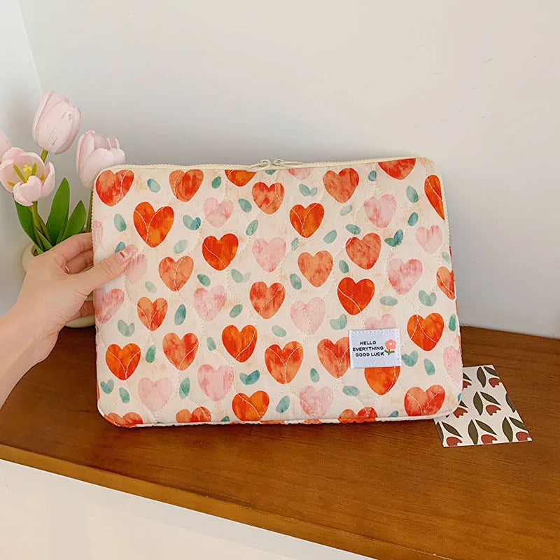 Floral print cloth laptop bag showing green flower pattern with storage compartments and anti-seismic protection