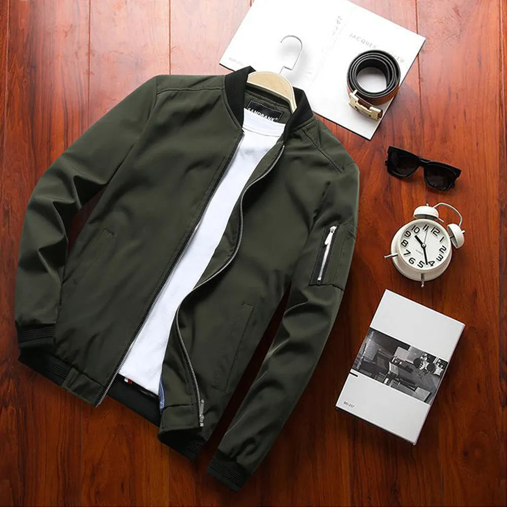 Men's slim fit casual baseball style jacket with front zipper and side pockets