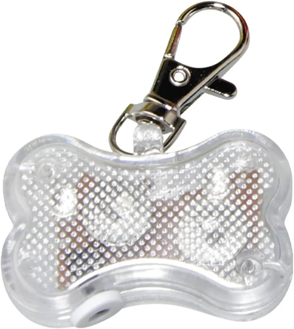Blue bone-shaped LED pet pendant showing dimensions and attachment loop for collars