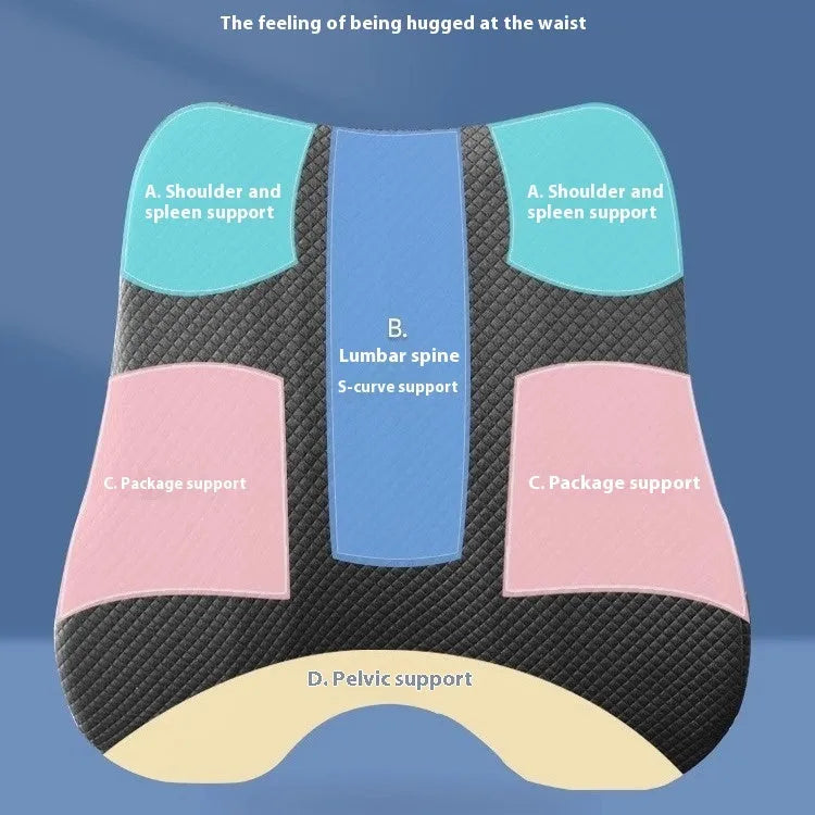 Grey contoured lumbar support cushion for office chair, shown next to navy blue and pink colour options.