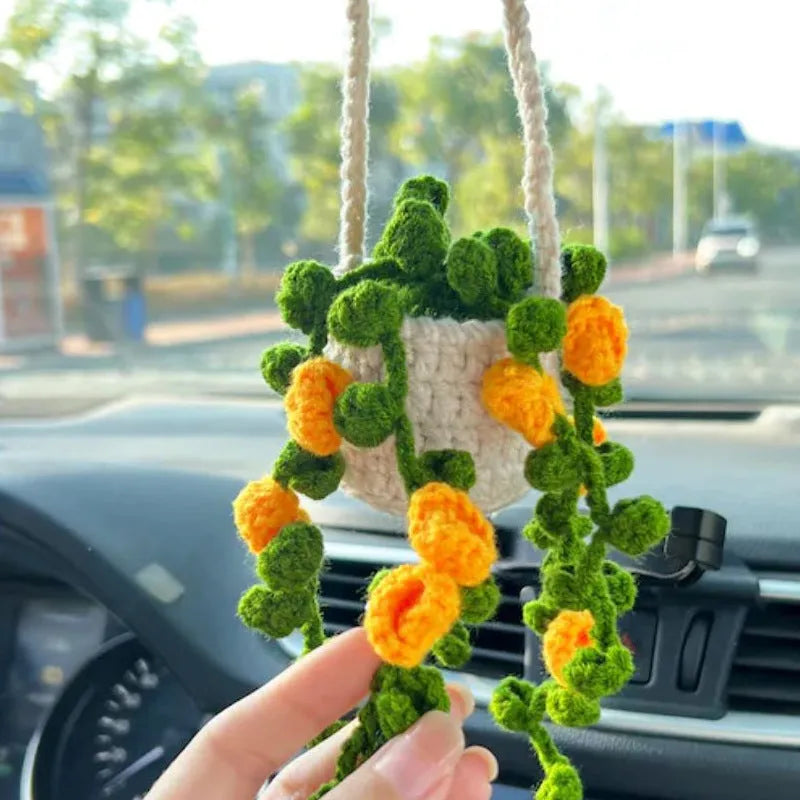 Green and white crochet car plant ornament with 25cm white hanging rope on 8cm basin base