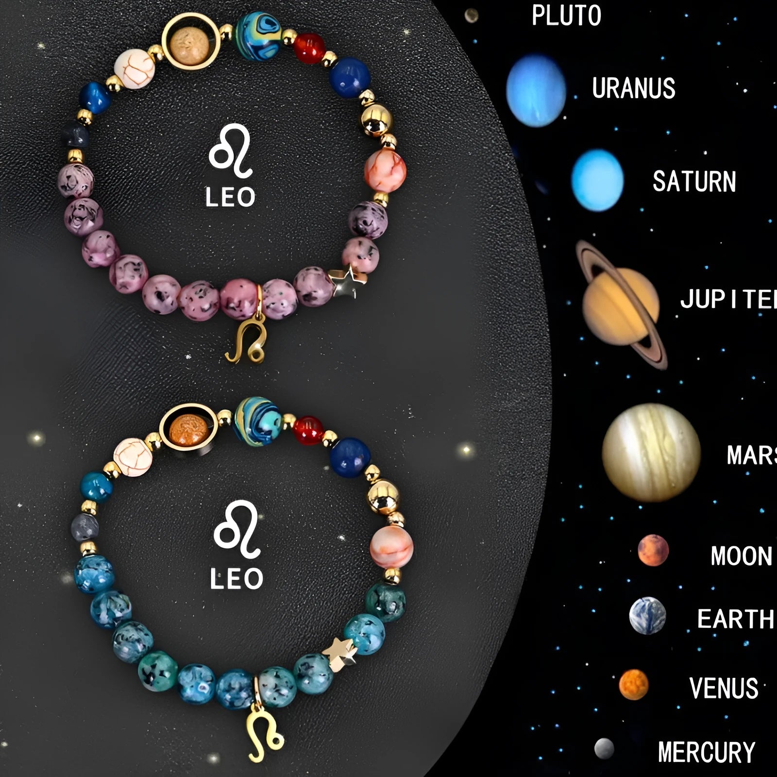 Set of two natural stone beaded bracelets with adjustable strings, showcasing zodiac constellation styles.