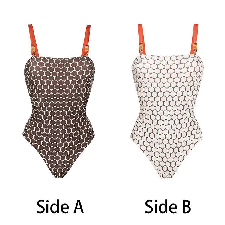 Women's printed dots pattern one-piece swimsuit with matching wrap skirt set