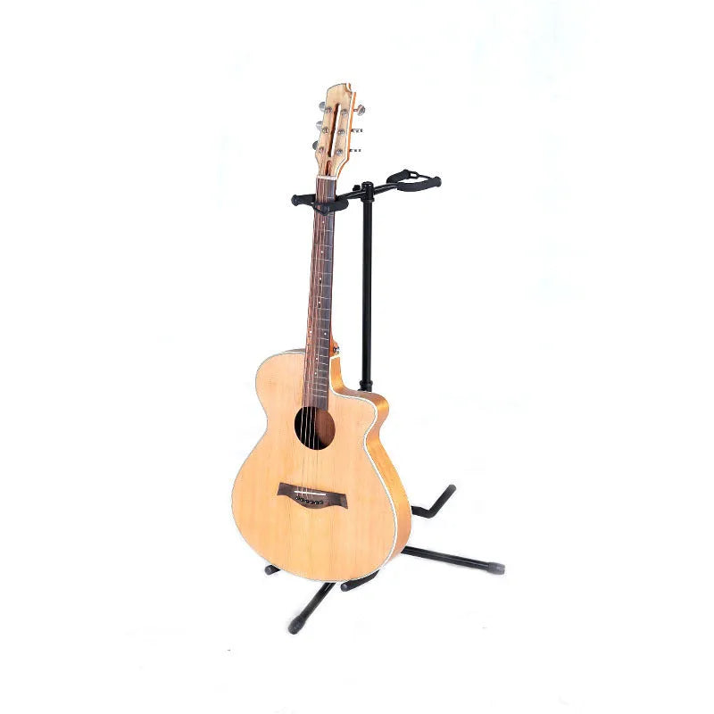 Black vertical double-headed adjustable guitar stand holding two guitars