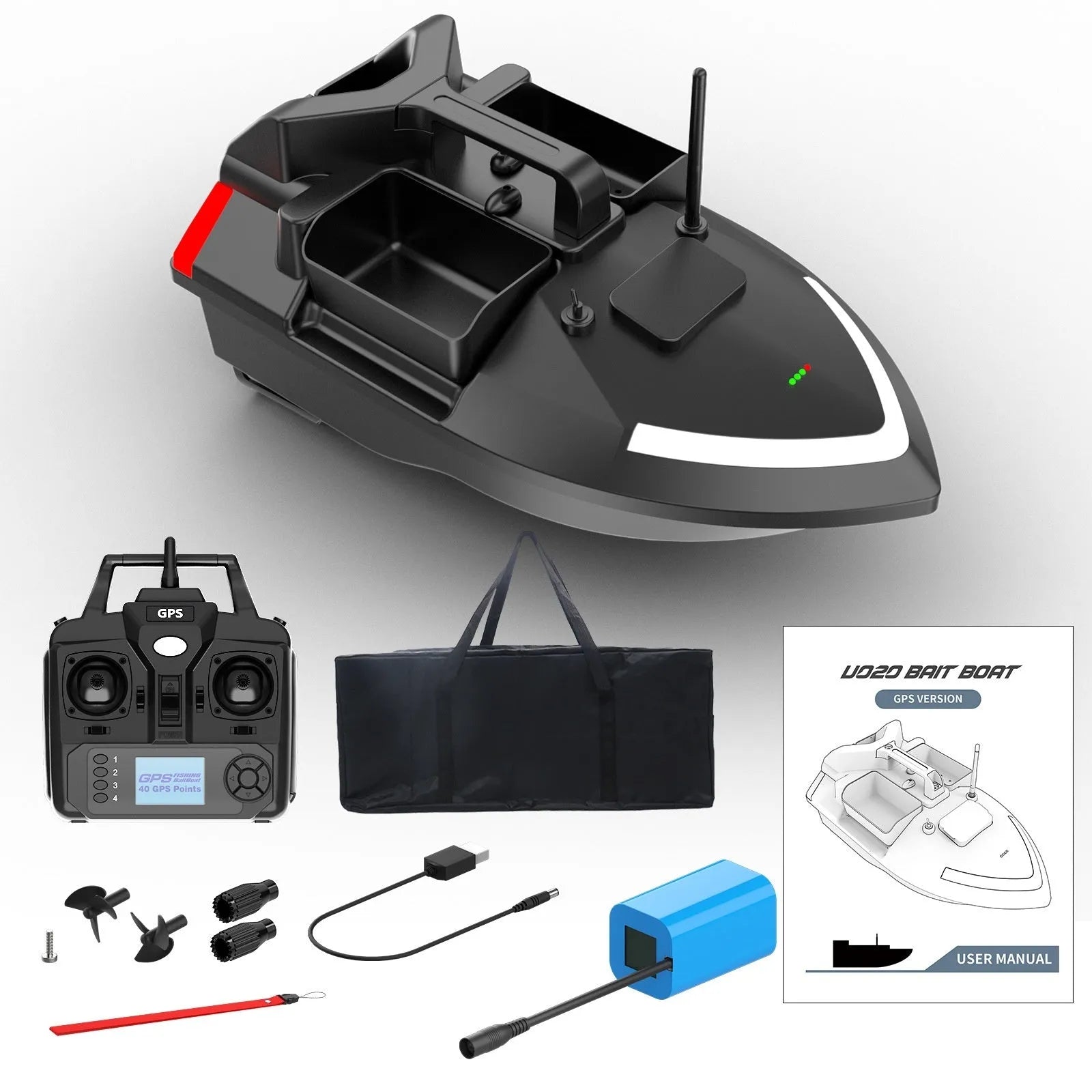 Black GPS remote control fishing boat with antenna and bait compartment