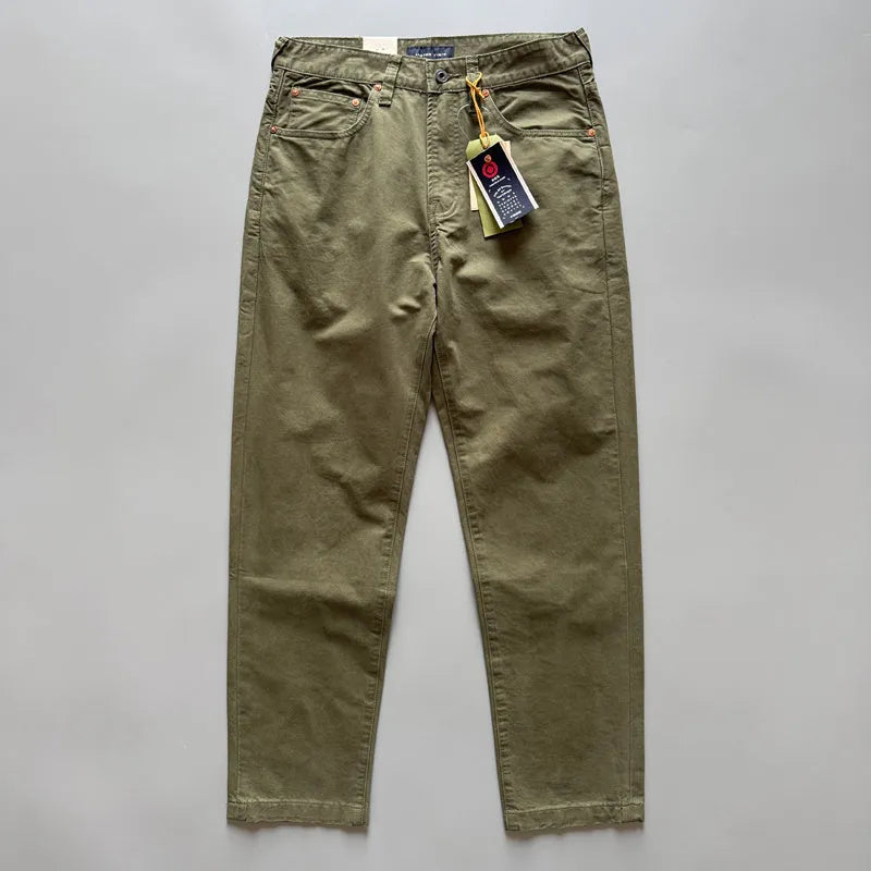Men's straight fit cotton casual trousers in American retro style showing grey, army green, and khaki colour options