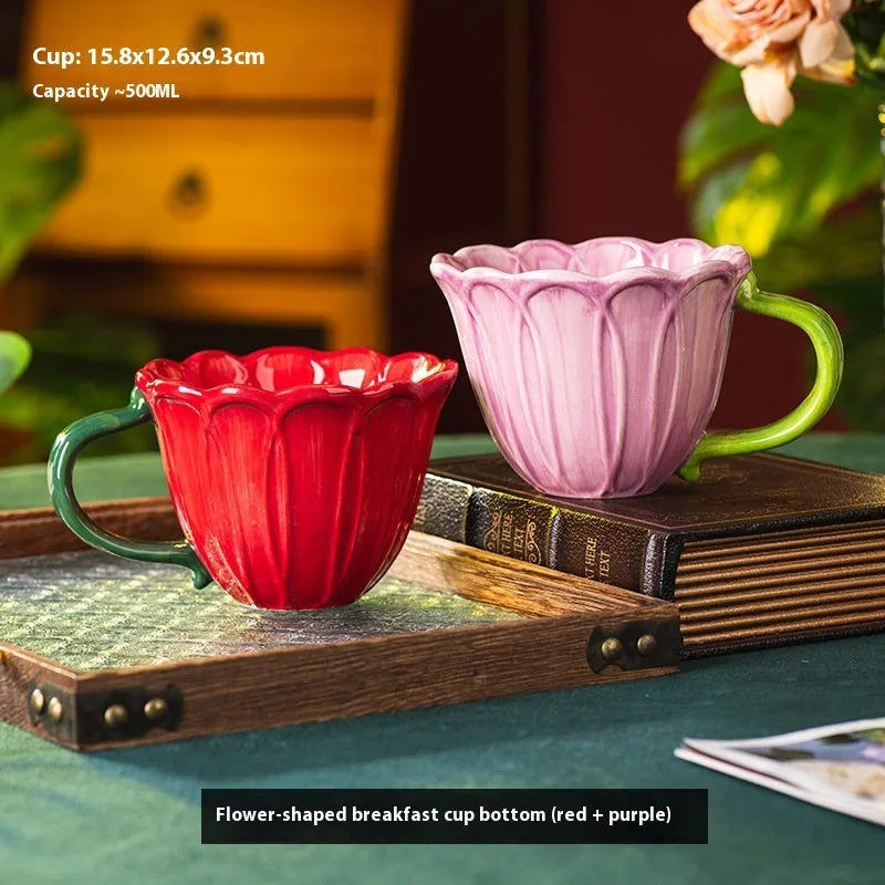 Ceramic breakfast cup with pastoral floral pattern and comfortable handle holding 500ml capacity