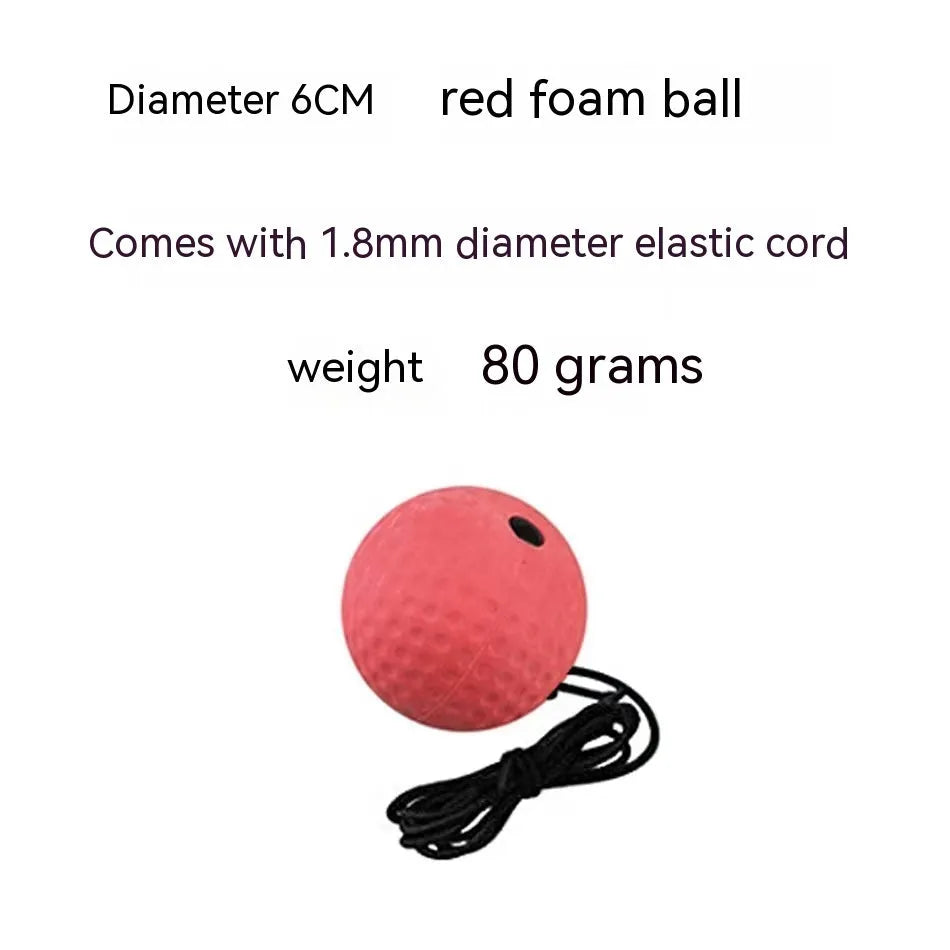 Head-mounted boxing reaction training ball with knitted and rubber adjustable headbands, shown with red, green, and yellow PU balls.