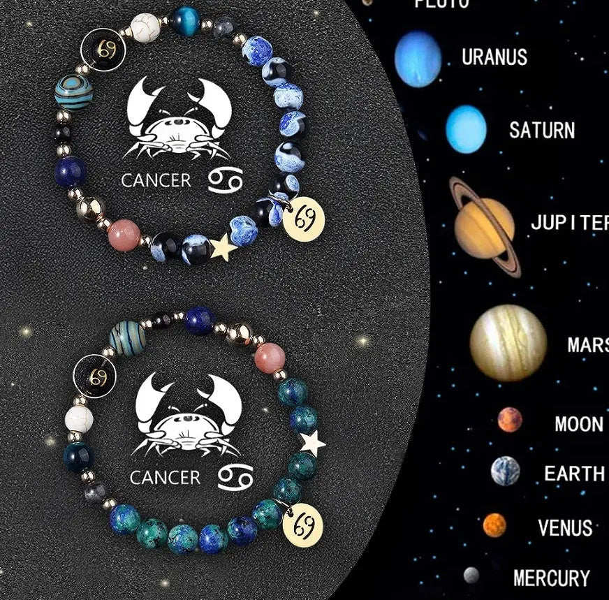 Zodiac sign bracelet with natural stone beads on elastic cord, adjustable astrology jewellery