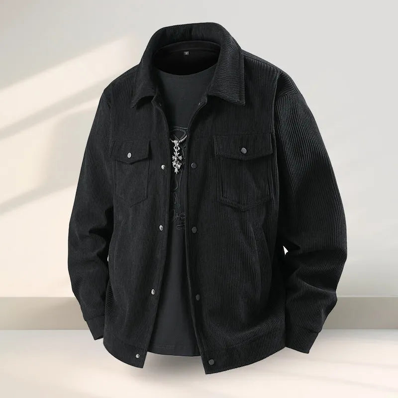 Men's slim fit black coat with a ruffle detail collar, made from stretch Lycra fabric.
