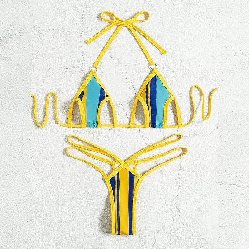 Yellow women's two-piece swimsuit with neck-hanging design, hollow backless top and high-waist shorts