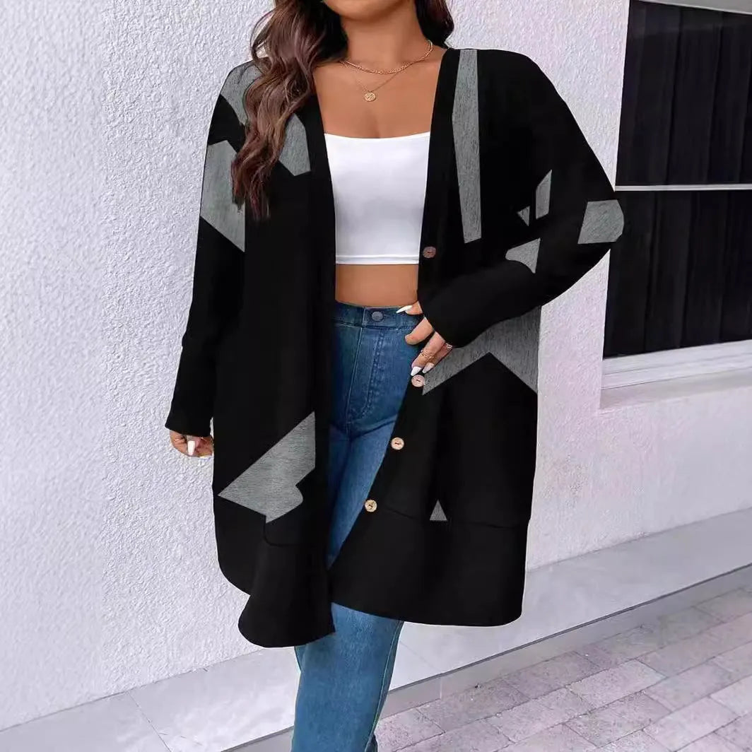 Black loose fit plus size casual cardigan with button details on a hanger.