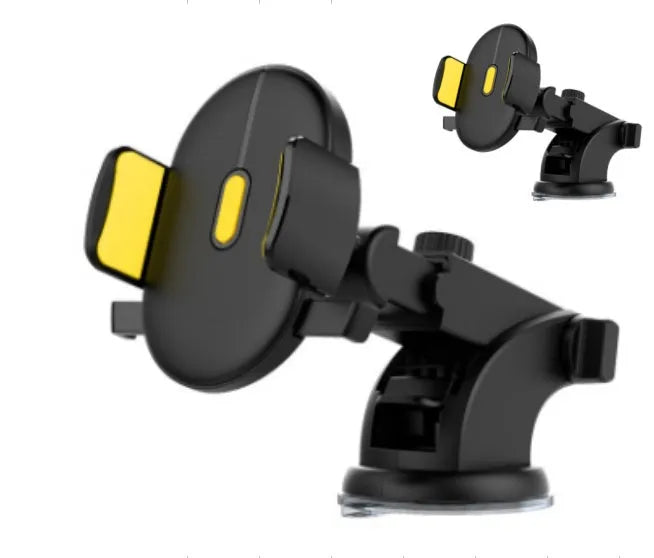 Yellow and black telescopic car phone holder with extendable arm and suction cup mount on dashboard