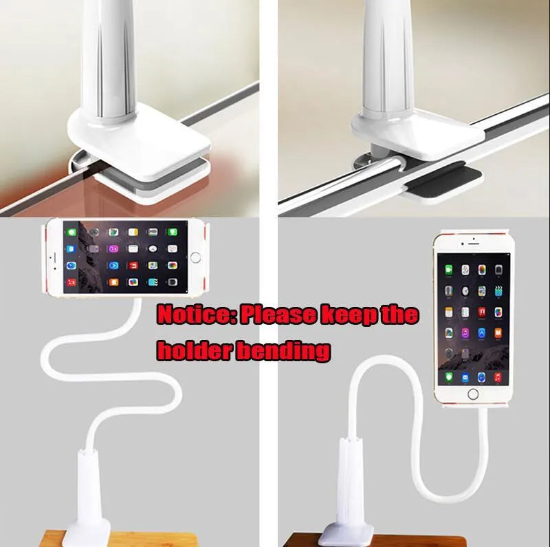 Black adjustable bedside phone holder with long arm on a table