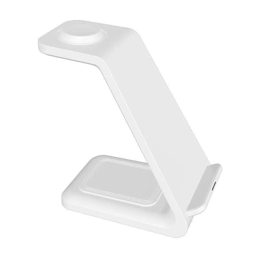 White 3-in-1 wireless charging stand with mobile phone holder upright position