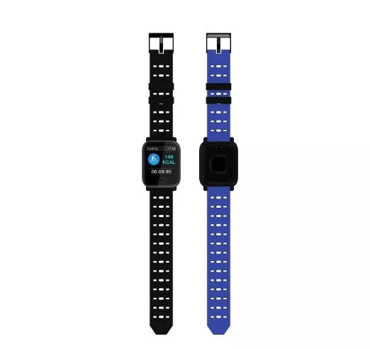 A6 smart bracelet with colour screen on wrist showing fitness data, silicone strap in choice of colours