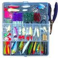 132-piece fishing lure set with plastic baits and steel hooks in rose red colour, organised in compact storage case