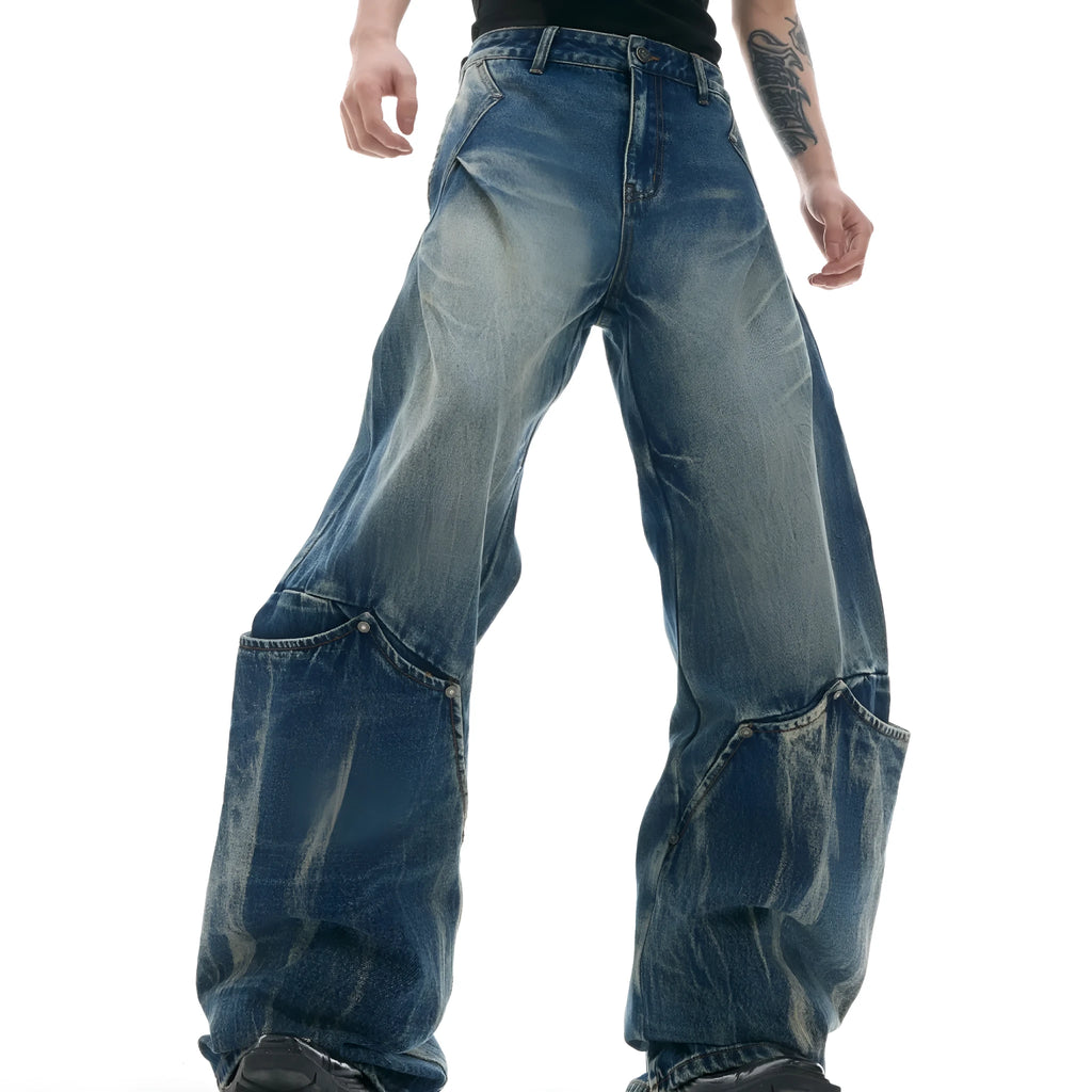 Men's verdant blue retro jeans with washed burst pattern and curved knife loose fit