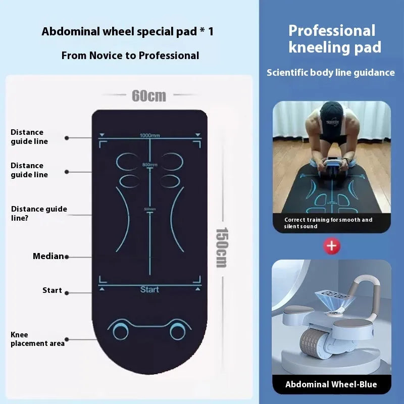 Blue abdominal exercise wheel with four wheels and integrated elbow support pads