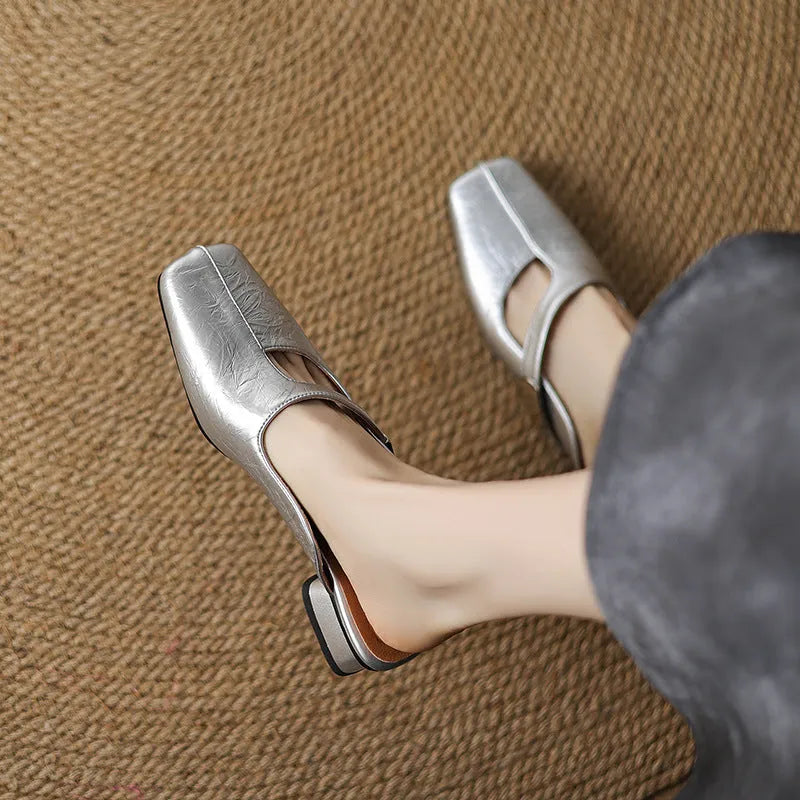 Low-heel square-toe outdoor leisure slippers in artificial PU, available in black, beige, and silver colours.