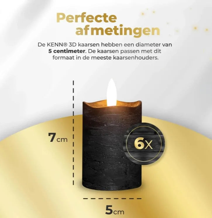 Black LED flameless pillar candle with remote control on a table, showing its 5cm diameter and 7cm height.