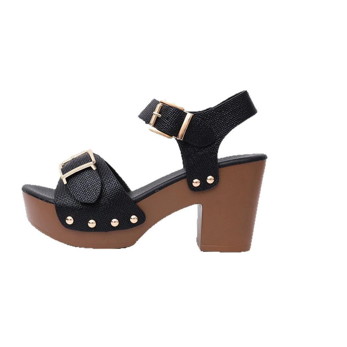 Women's plus size buckle fastening high heel sandals in beige with thick heel and rivet details